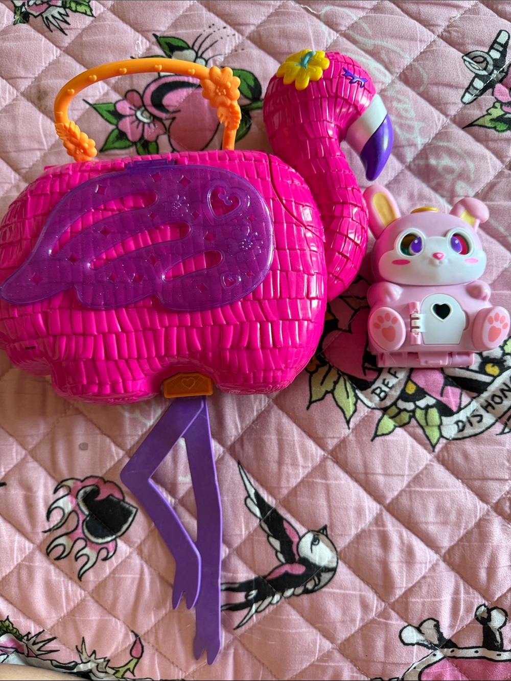 Polly Pocket Pink Flamingo Carry Case Toy with Bunny Accessory bundle